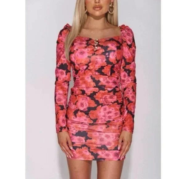 Black Floral Print Long Sleeve Square Neck Ruched Bodycon Mini Dress - Picture 13 of 15